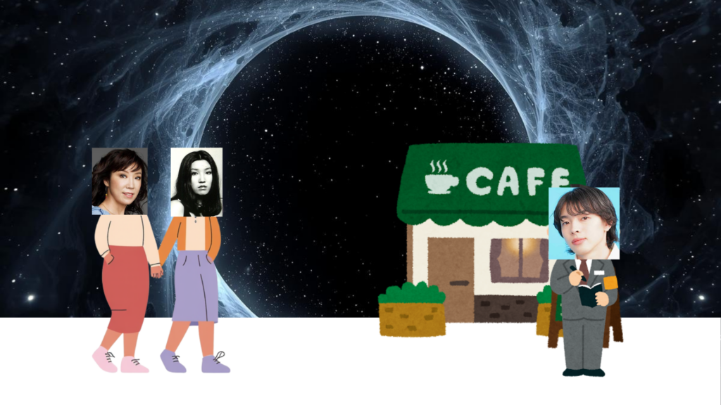 ワームホール空間で松任谷由実と荒井由実が手を繋いで歩いている。その先に記者の格好をしたimaseが待つ喫茶店がある