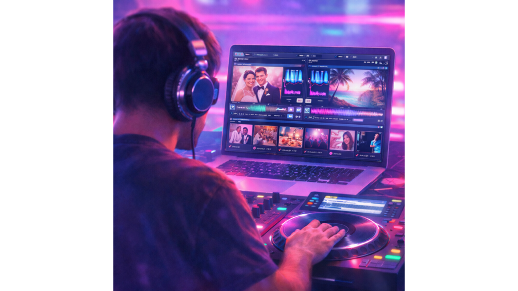 CDJを操作する人。PCの画面には結婚式や旅行の画像が表示されている。